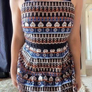 Antonio Melani  patterned and embroidered A-line cocktail evening midi dress.